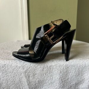 Michael Kors Black Patent High Heel Open Toe Sandals with Gold Buckle